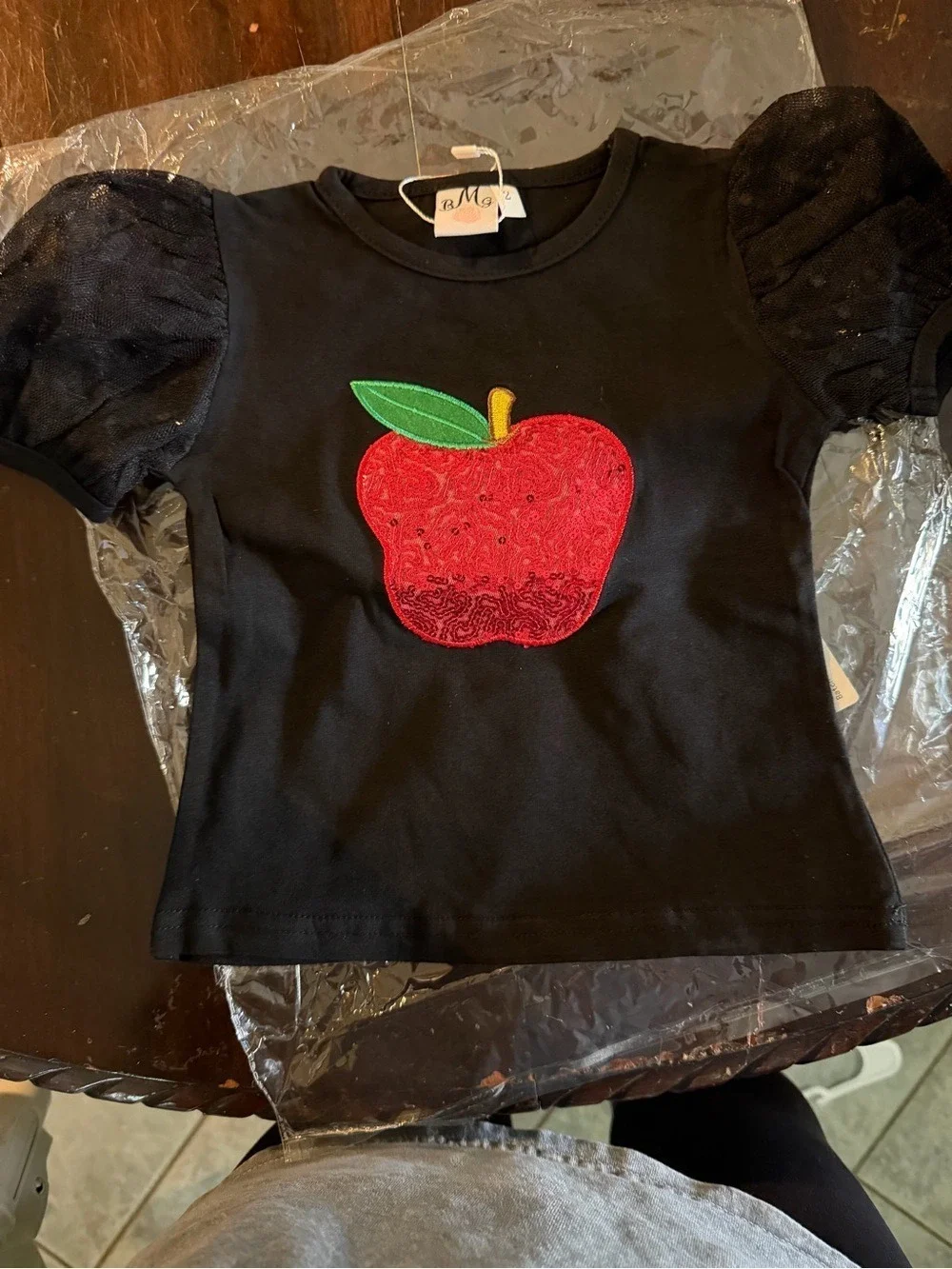 Mia Belle Girls Black Red Apple Sequin Puff Sleeve Top Shorts Set 2T
